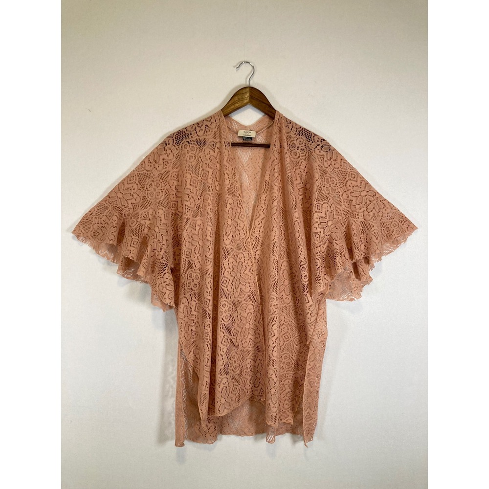 Boho David and‎ Young Womens OS Peach Floral Lace Ruffle Sleeve Kimono Cardigan